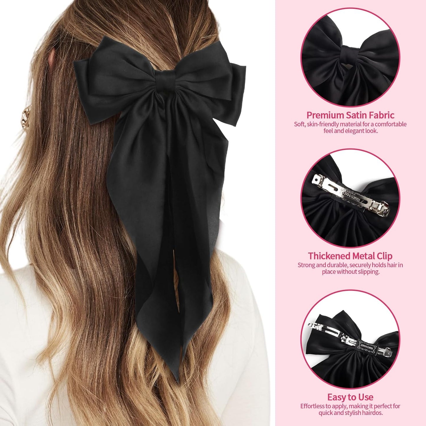 Silky Satin Hair Bows for Women Girls - 4PCS Ribbon Bows for Hair, Big Bow Hair Clips with Long Tail, Barrettes - Cute Hair Accessories Gifts (Hot Pink, Pink, White, Black)