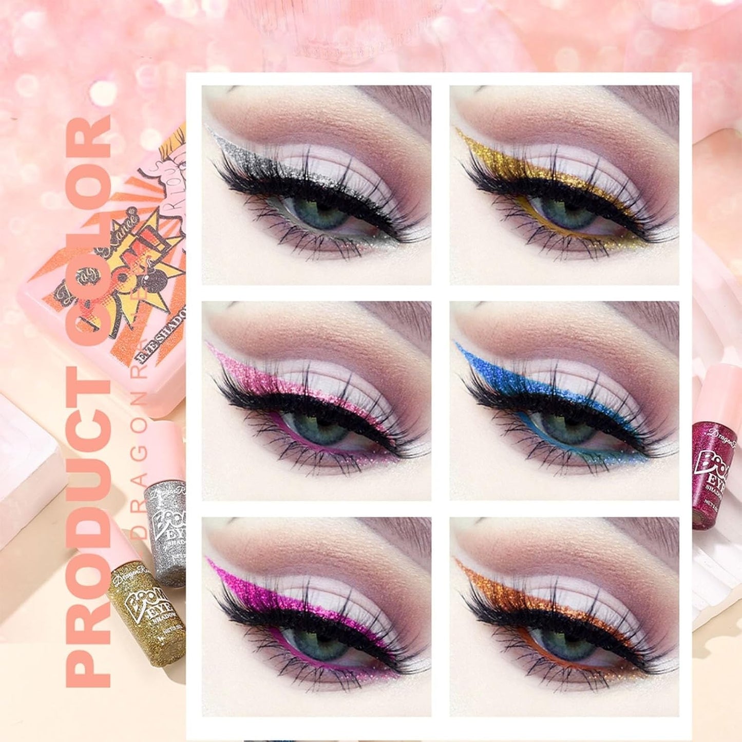 6 Pcs Liquid Glitter Eyeshadow Set Colorful Eyeliner with Long-Lasting and Waterproof Shinning Eye Shadow Gift for Women Eye Makeup (Boom Bomb)