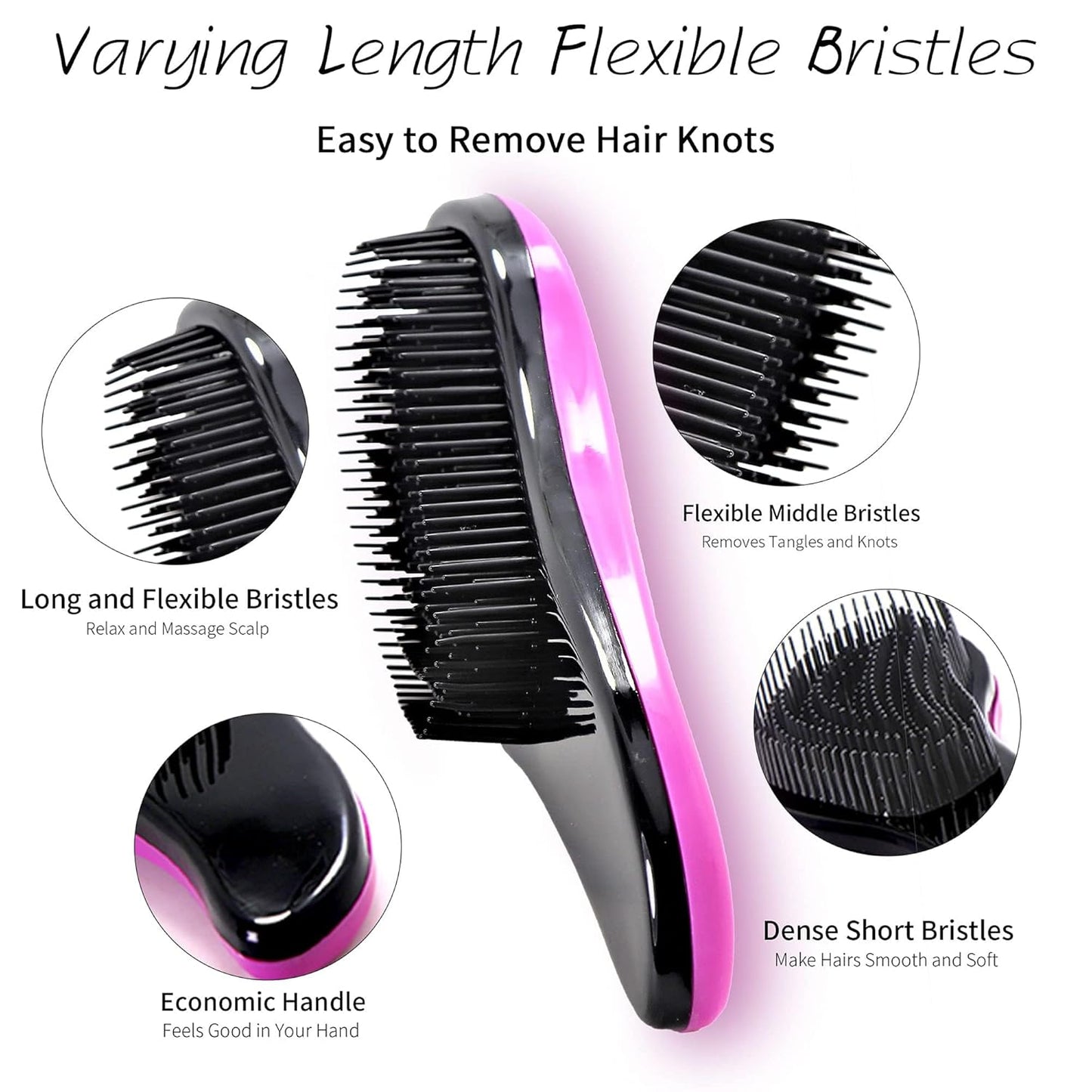 79STYLE 3pcs Detangler Brush Naturals Detangling Hair Comb Glide Thru No Pain Tangle Free For Women Men, Kids Wet, Dry Curly Hair Accessory (Single Black-Size 7.4")