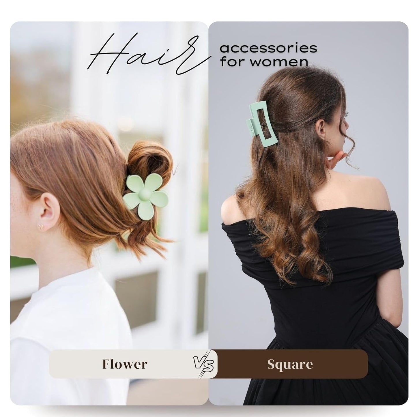 6 Pack Large Claw Clips for Women, Square & Flower Hair Clips for Thick Hair, Matte green & blue Colors