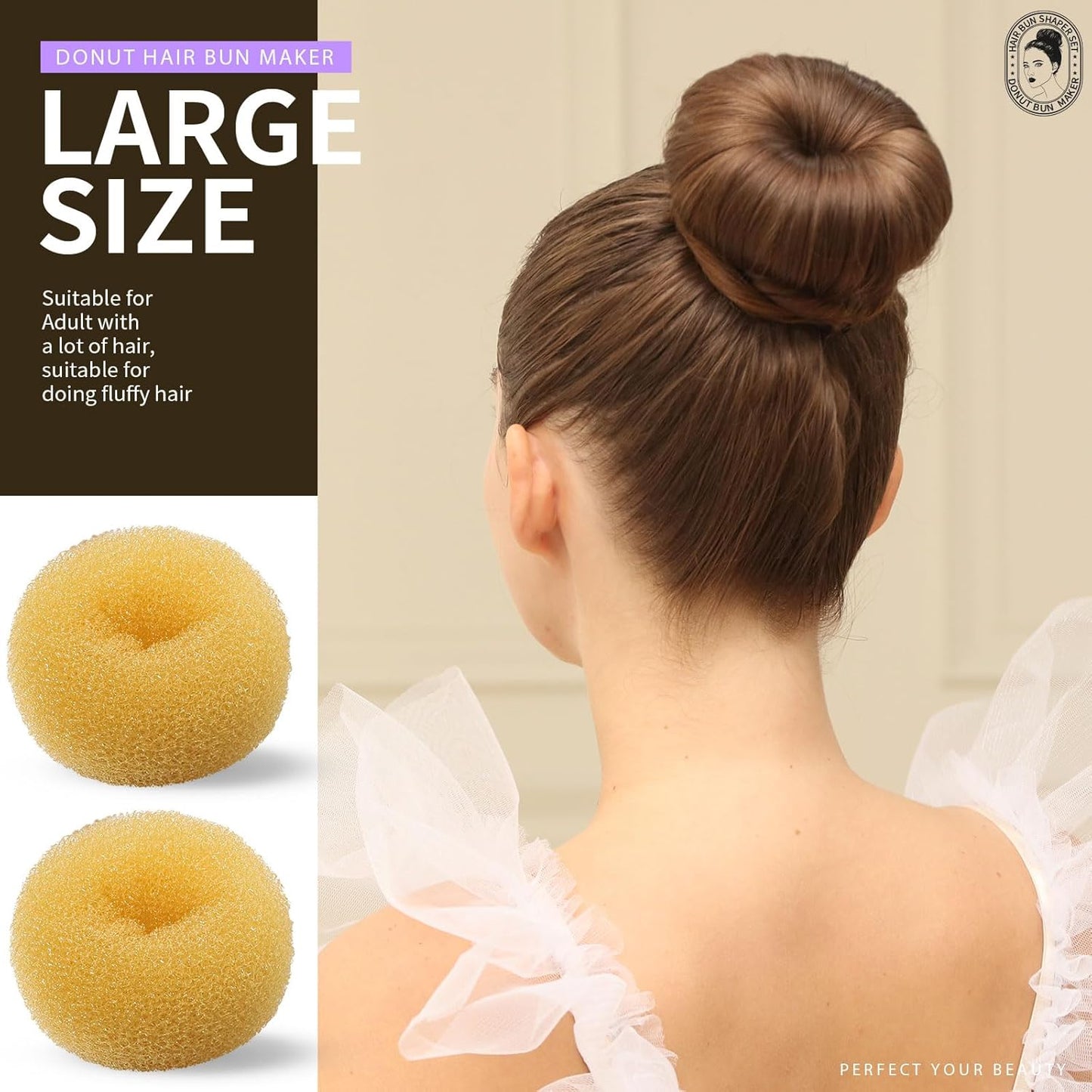 Teenitor Hair Bun Maker Set, 7 Pieces Bun Donuts for Hair(1 Extra-Large, 2 Large, 2 Medium, 2 Small), 5 Elastic Bands, 20 Hair Pins, Gold