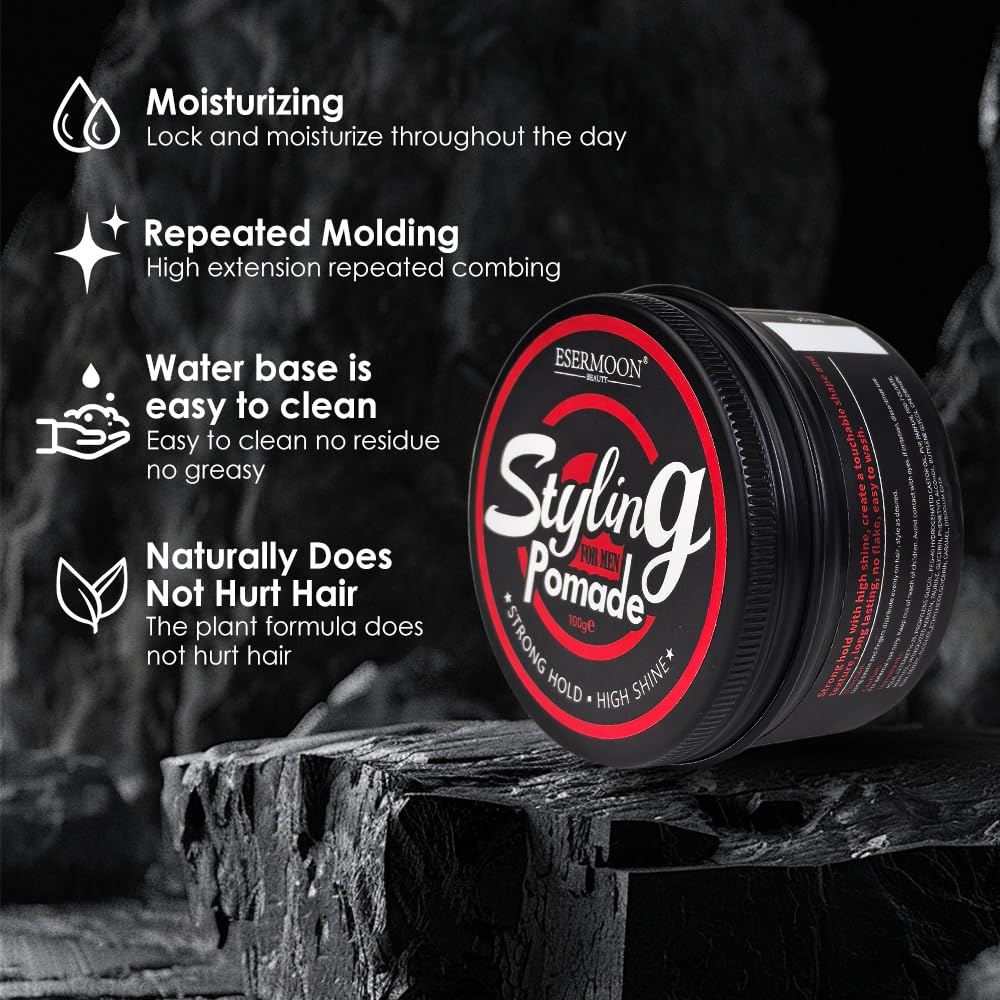 Strong Hold Hair Pomade for Men, Pomade for Men, High Shine Styling Wax, Hair Wax, Touchable Texture, No White Residue, Clean Scent, Easy Wash, Water-Based 3.53oz