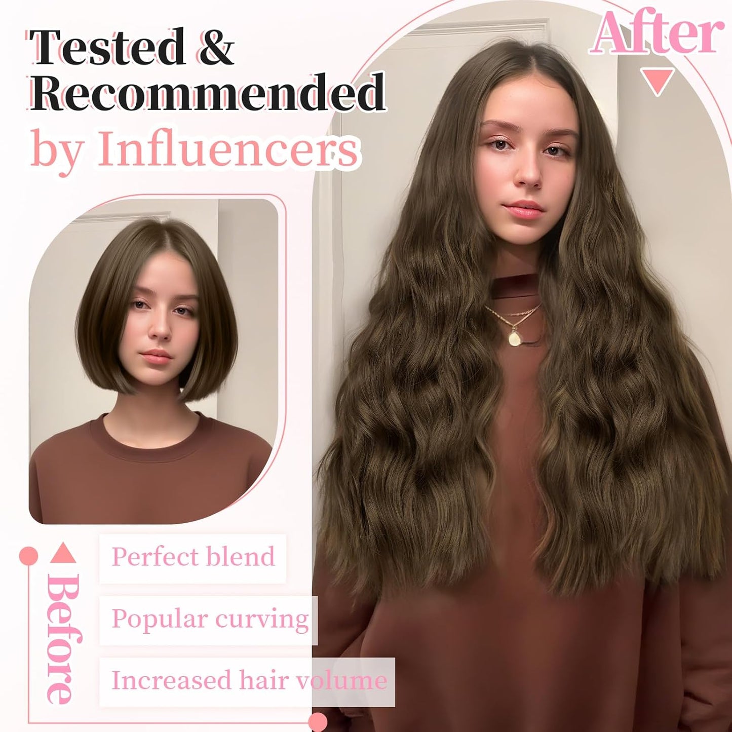 KooKaStyle Clip in Synthetic Hair Extensions Long Wavy 4PCS Thick Hairpieces Chestnut Brown Fiber Double Weft Natural Hair Extensions 24 Inch for Women