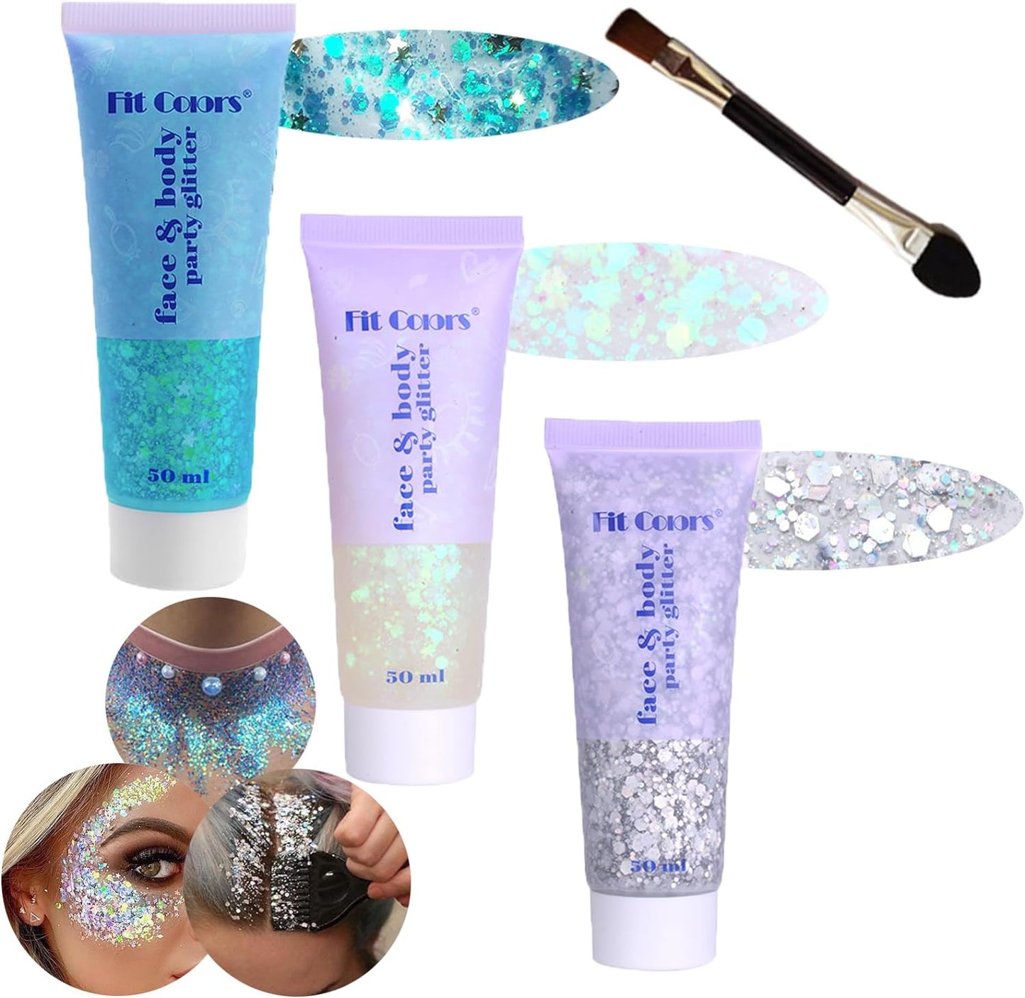Body Glitter Gel: Singer Concerts Disco Festival Rave Accessories Makeup 150ml Chunky Sequins Mermaid Face & Body Hair Glitter Gel (White, Silver, Lake Blue)