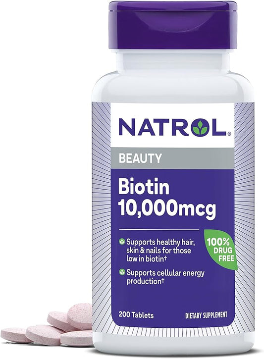 Natrol Biotin 10000mcg, Supplement for Healthy Hair, Skin and Nails for Those Low in Biotin, Plus Energy Metabolism Support, 200 Tablets, Up to a 200 Day Supply