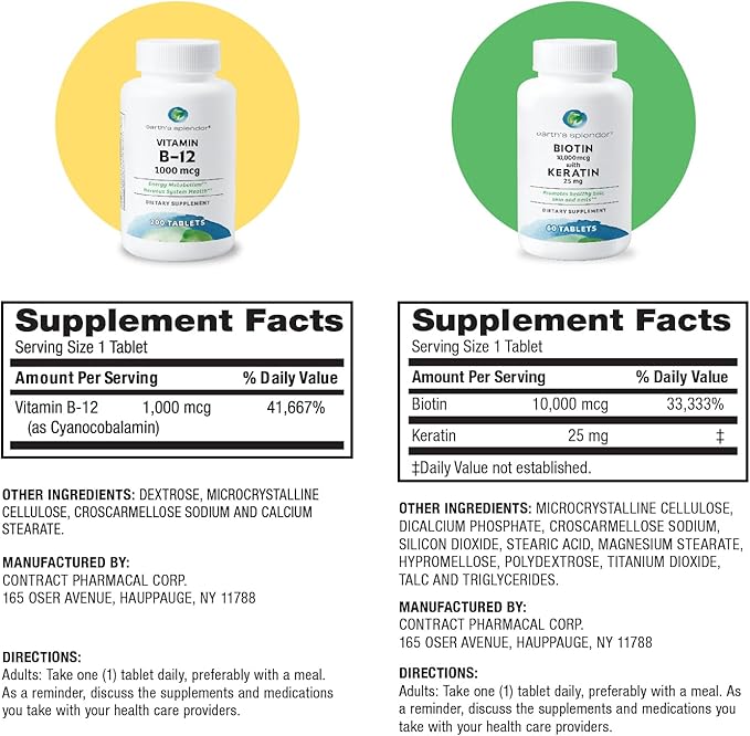 Earth's Splendor Energy & Hair Support: Vitamin B12 (200 Tablets) + Biotin 10,000 mcg & Keratin 25mg (60-Day Supply) - Boosts Energy, Hair, Nails & Skin - No Artificial Colors, Gluten Free