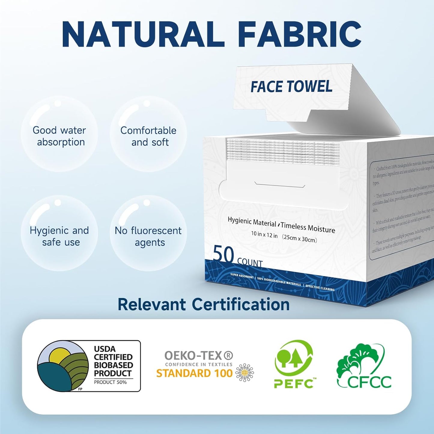 Face Towels, 10” x 12”, Extra Thick Soft and Absorbent, Face Towelettes Disposable Biodegradable for Sensitive Skin, Disposable Face Towels for Makeup Remover, Cleansing, 50 Count（1 Pack）