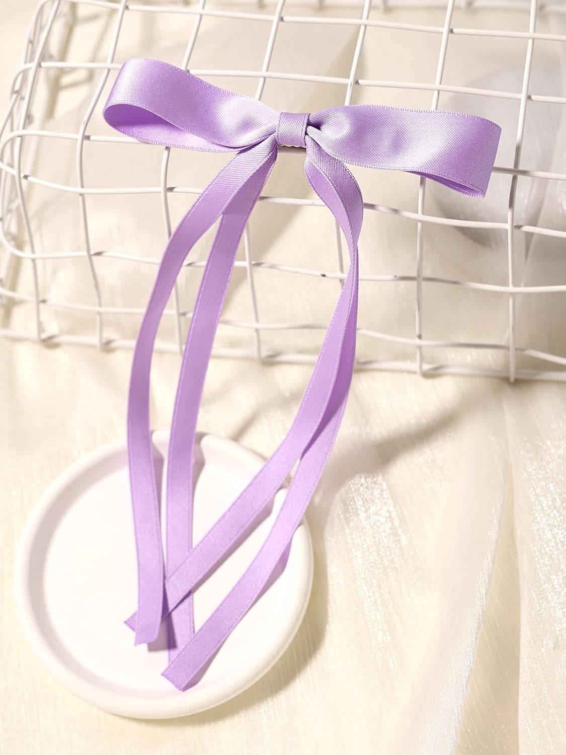 LFOUVRE Hair Clip, 4pcs Bow Hair Clips for Women, Hair Clips with Long Tail Tassel Ribbon, Claw Clips with Bow, Bowknot Barrettes, Hair Accessories for Women Purple Sky Blue