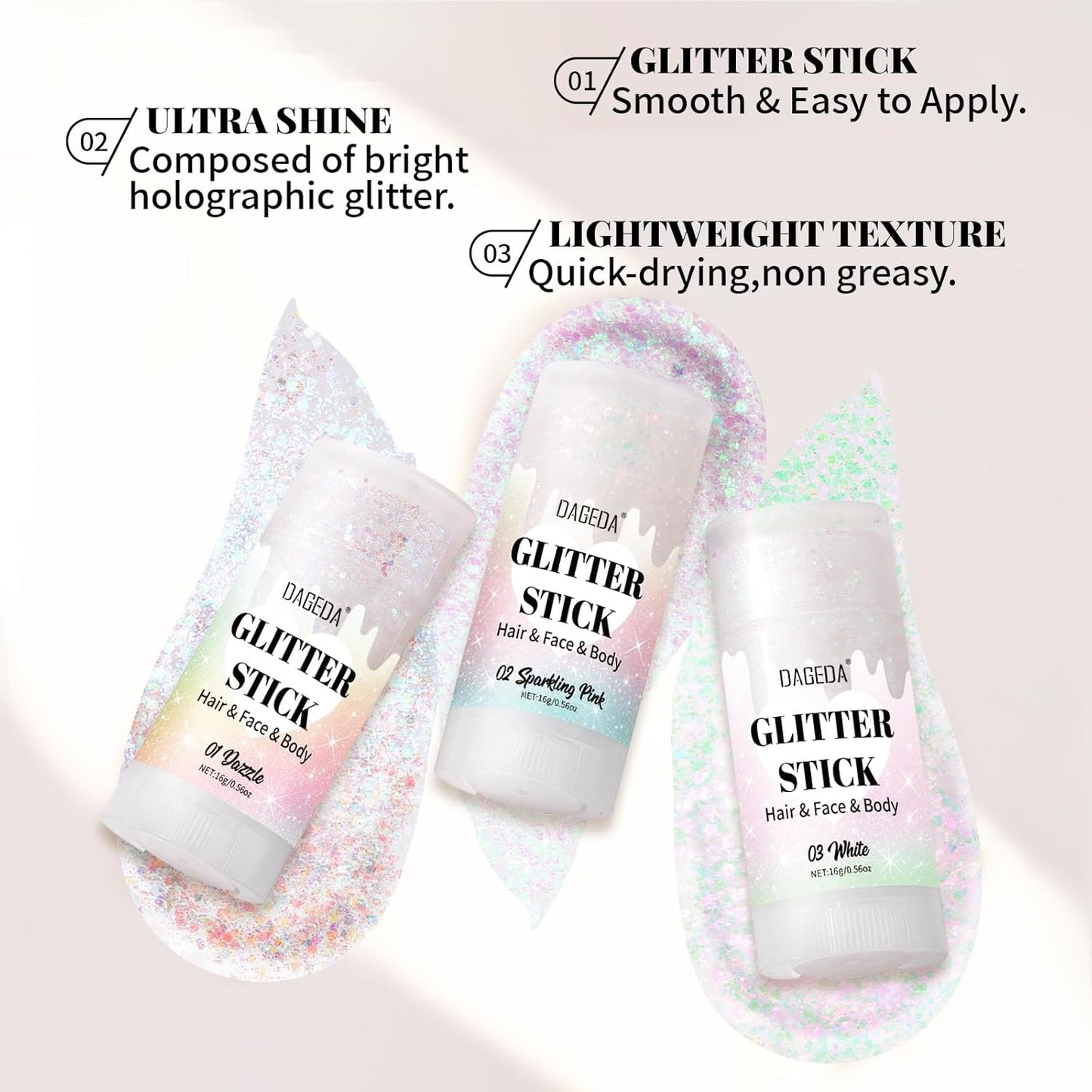 DAGEDA Sparkling Pink Body Glitter Stick,Sparkly Face Glitter Makeup,Holographic Hair Glitters Mermaid Makeup Rave Outfits for Women, Shimmer Face Paint Stick Singer Concert Accessories