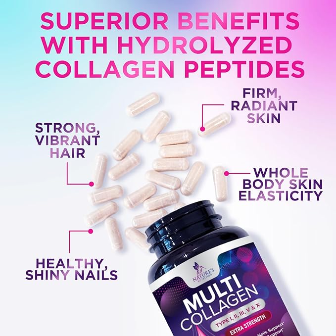 Collagen Peptides for Women & Men - Type I, II, III, V, X Multi Collagen Pills, Hydrolyzed Collagen Peptides Supplements, Nature's Hair, Skin, Nail, and Joint Support Supplement, Non-GMO, 120 Capsules