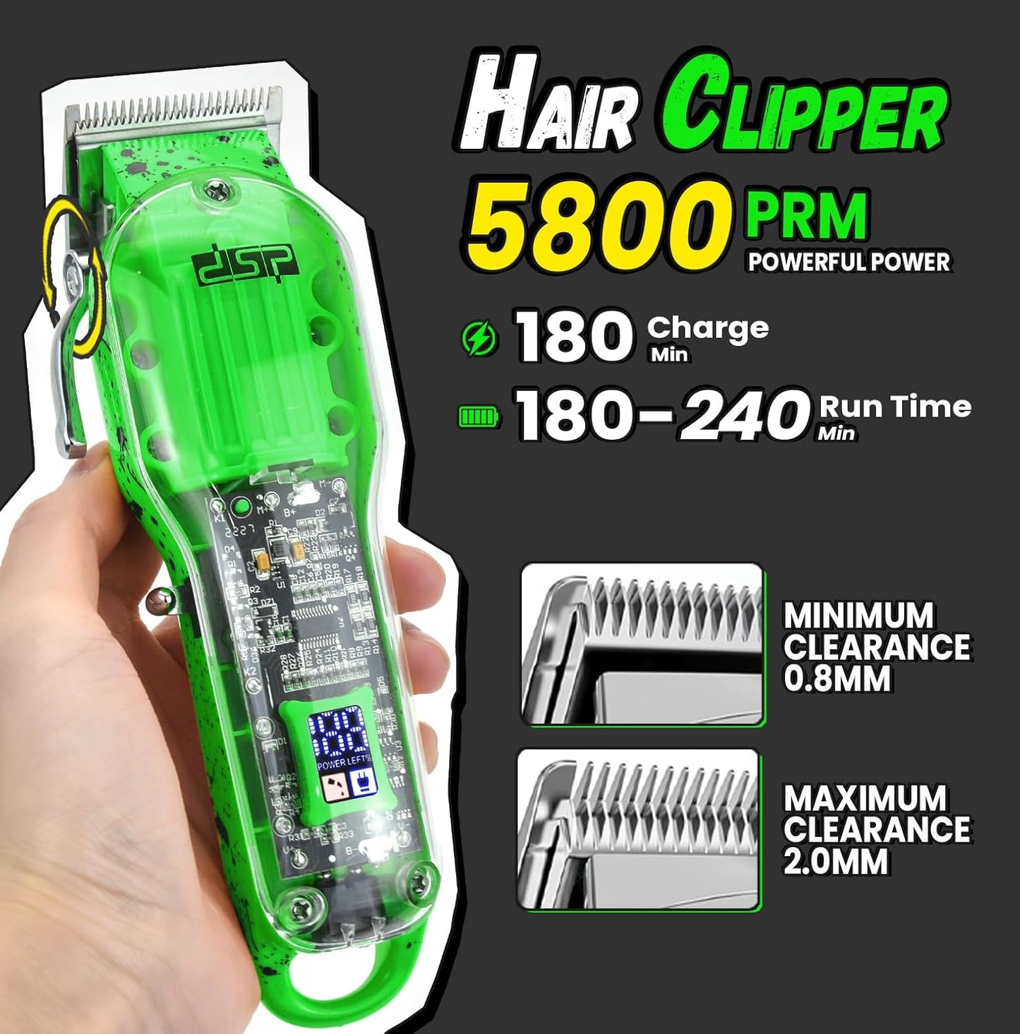 DSP Hair Clipper, Trimmer, Shaver Kits for Men Professional Barber Clipper and Trimmer Sets with Travel Case, Rechargeable, LED Display, Green