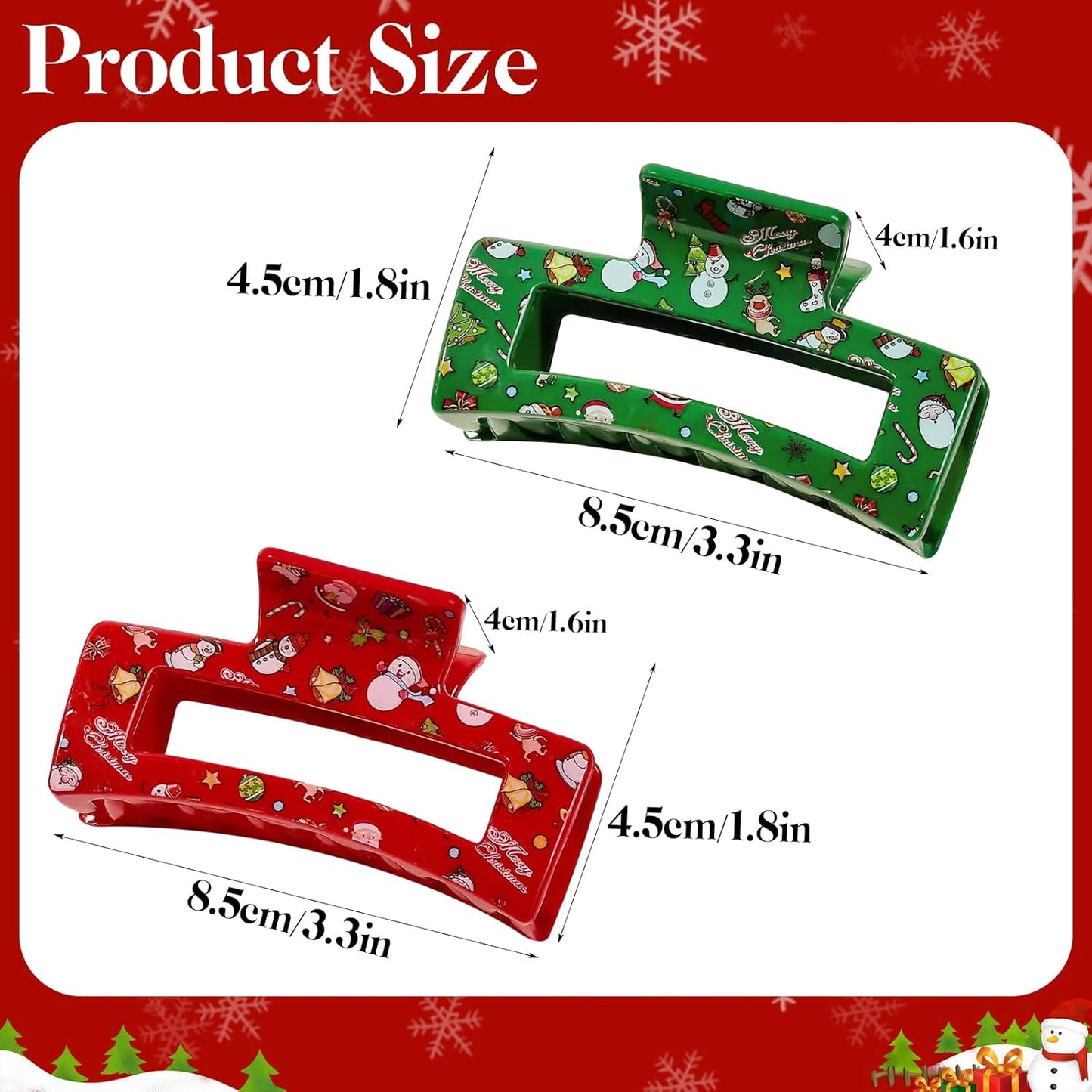 2 Pcs Christmas Hair Clips for Women, Red Green Hair Claw Clips, Large Square Hair Claw, Christmas Hair Accessories, Cute Snowman Claw Clips for Thick and Thin Hair Decoration