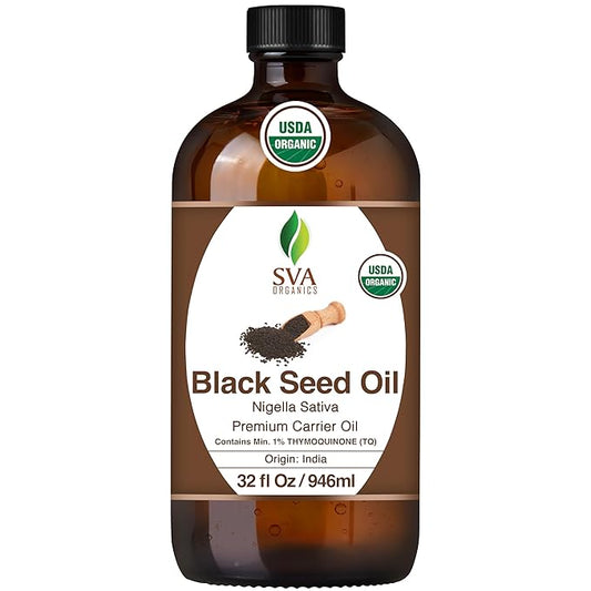 SVA Black Seed Oil Organic - 32 Fl Oz – 100% Natural Cold Pressed Organic Black Seed Oil - for Face, Skin Care, Hair Care, Scalp Massage & Body Massage – Carrier Oil