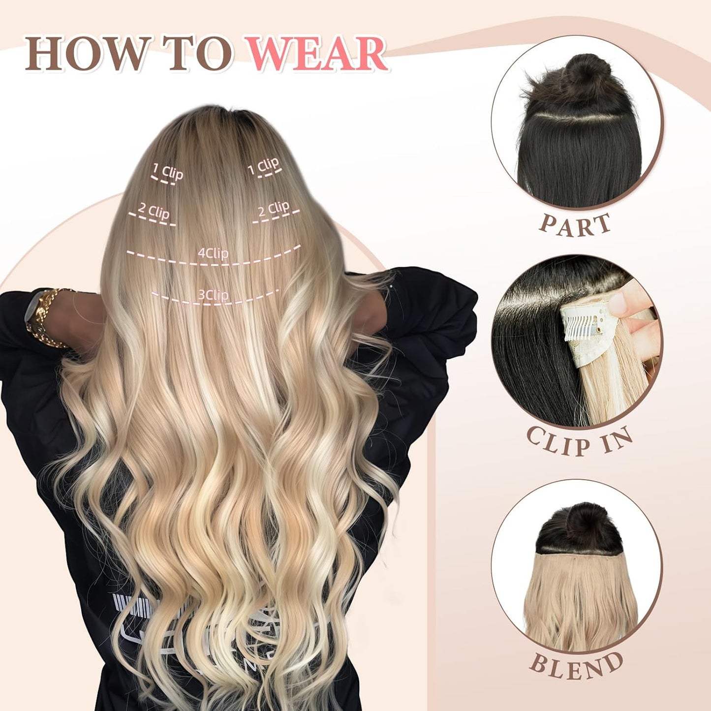 Clip in Hair Extensions for Women Honey Blonde with Platinum Highlights Long Wavy Hair Extensions Clip Ins 6PCS 20 Inch Synthetic Soft and Natural Thick Hair Pieces for Women