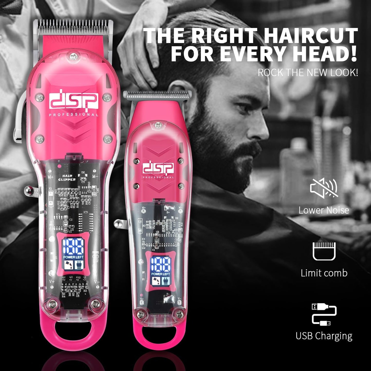 DSP® Hair Clipper, Trimmer Kit for Men Professional Barber Set for Hair and Beard Cutting Zero Gap Beard Trimmer, with LED Display (Pink)