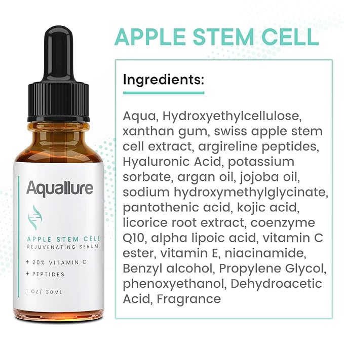 NEW! Aquallure Apple Stem Cell Rejuvenating Serum - Moisturizing Facial Treatment with Vitamin C 20%, Peptides, Hyaluronic Acid - Reduce Appearance of Fine Lines, Improve Skin Texture - 1 fl oz