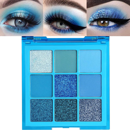 evpct 9 Colors Blue Glitter Eyeshadow Palette, Glitter Dark Light Royal Cobalt Baby Sky Navy Blue Metallic Shimmer Sparkly Eye Shadow Palette Makeup for Older Women, Highly Pigmented Eyeshadow