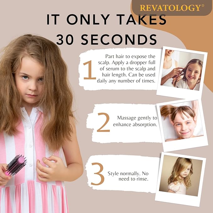 REVATOLOGY Kids Hair Serum (Made in USA) for Hair Thickness, Strength, Growth and Scalp Revitalization for straight, curly, waivy, coiled hair in toddlers, children, adults - chemical & cruelty free