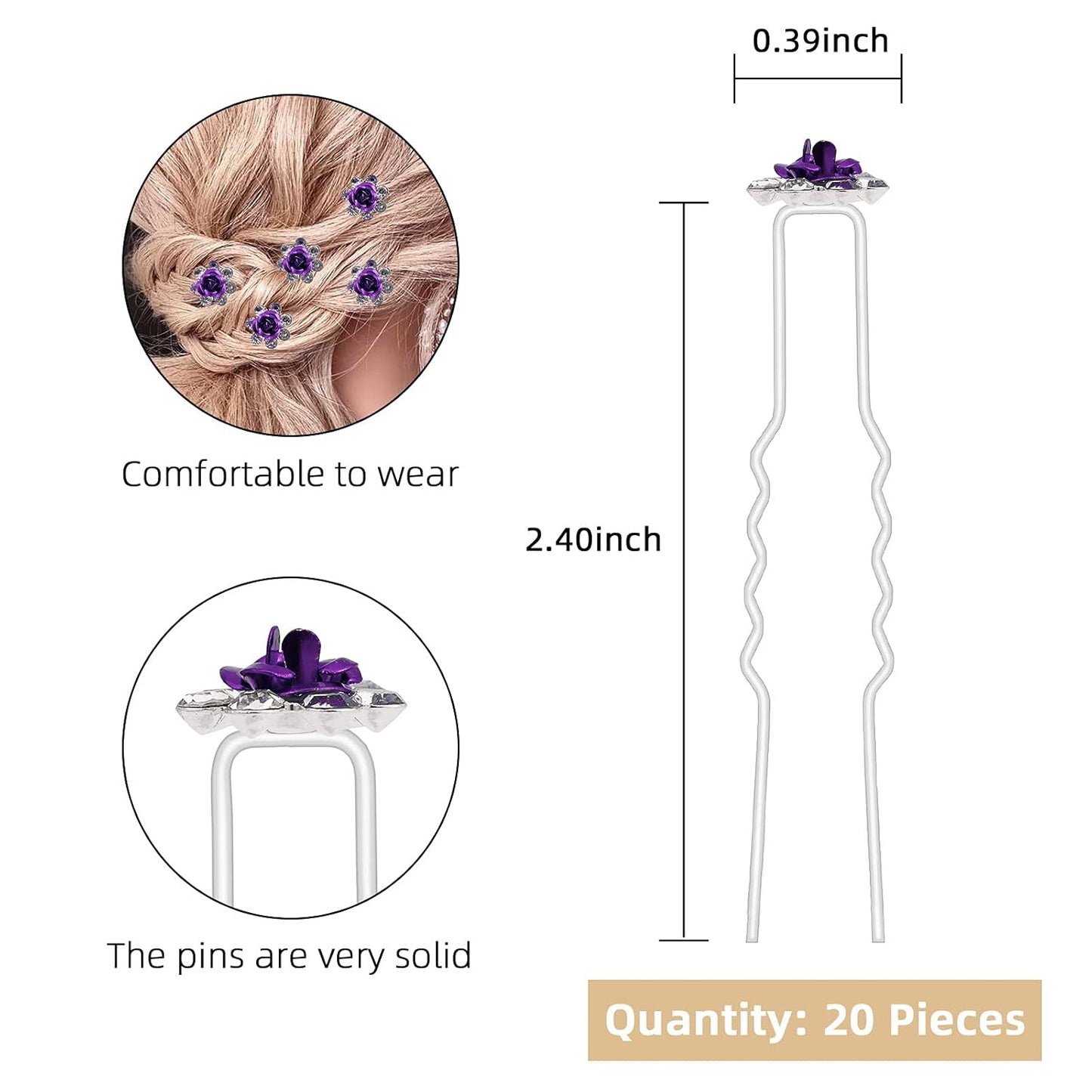 20 Pack (Purple) Crystal Hair Pins Rose Flower Rhinestone Hair Clips for Bridal Wedding Women Hair Jewelry Accessories, with Clear Container