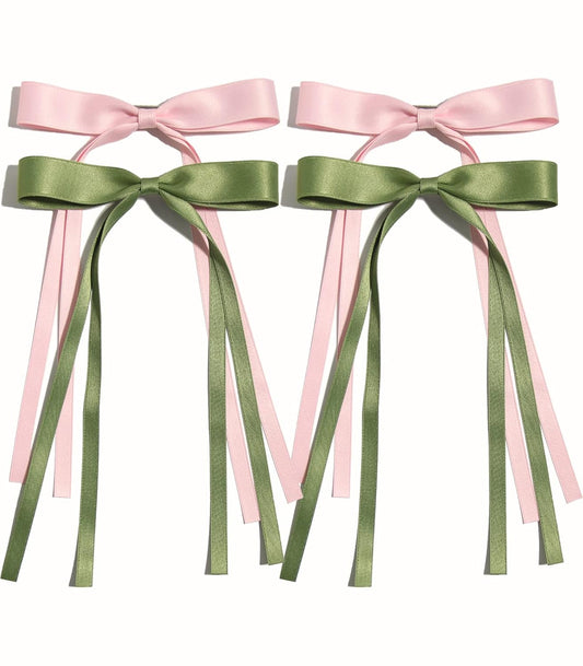 Hair Clips with Tassels, Ribbons and Bowknots - 4pcs Long Tail Claw Clips with Bows for Women and Girls, Solid Barrettes Hair Accessories (Pink Green)