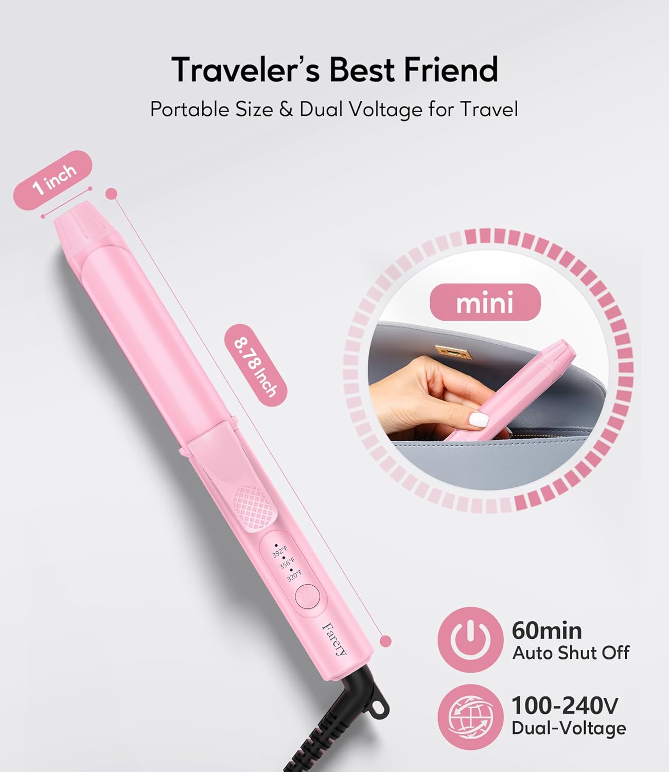 FARERY Mini Curling Iron 1 Inch, Ceramic Mini Hair Curler with 3 Adjustable Temperature, Dual Voltage for Travel,