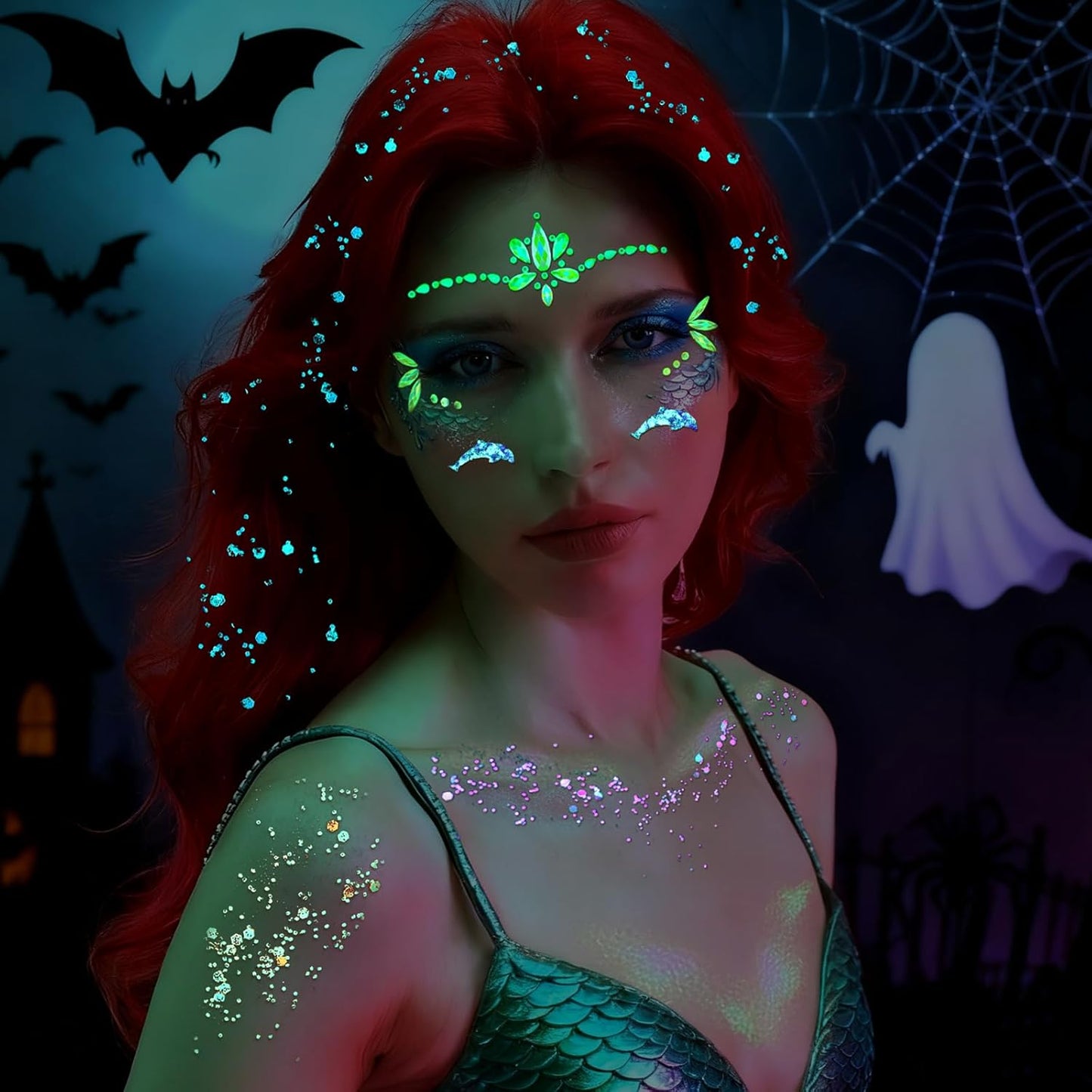 YGDZ Glow in The Dark Face Glitter, Hair Body Glitter Gel, Face Jewels Stick On for Women, Festival Carnival Outfits, Mermaid Costume for Halloween Makeup, Rave Accessories for UV Black Light Party