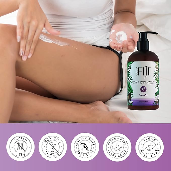 Coco Fiji Face & Body Lotion Infused With Coconut Oil | Lotion for Dry Skin | Moisturizer Face Cream & Massage Lotion for Women & Men |Lavender 12 ozPack of 3