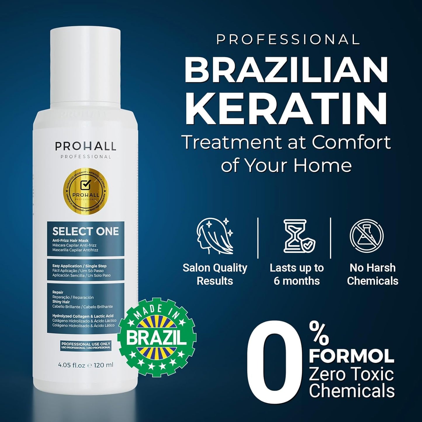 Brazilian Keratin Treatment Blowout Complex-PROHALL SELECT ONE 4.05 oz-Formaldehyde Free Keratin Hair Treatment at Home-Queratina Brasileña Keratina Para Alisar el Pelo Sin Formol-Pack of 2