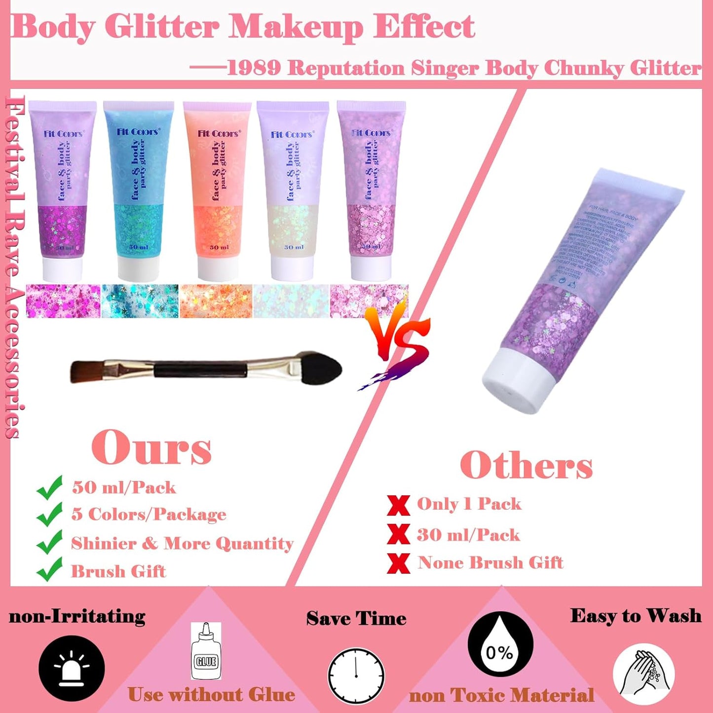Body Glitter Face Glitter Gel: Singer Concerts Disco Festival Rave Accessories Face Glitter Makeup 150ml Chunky Sequins Mermaid Face Body Hair Glitter Gel (White&Pink&Rose&Lake Blue&Orange)