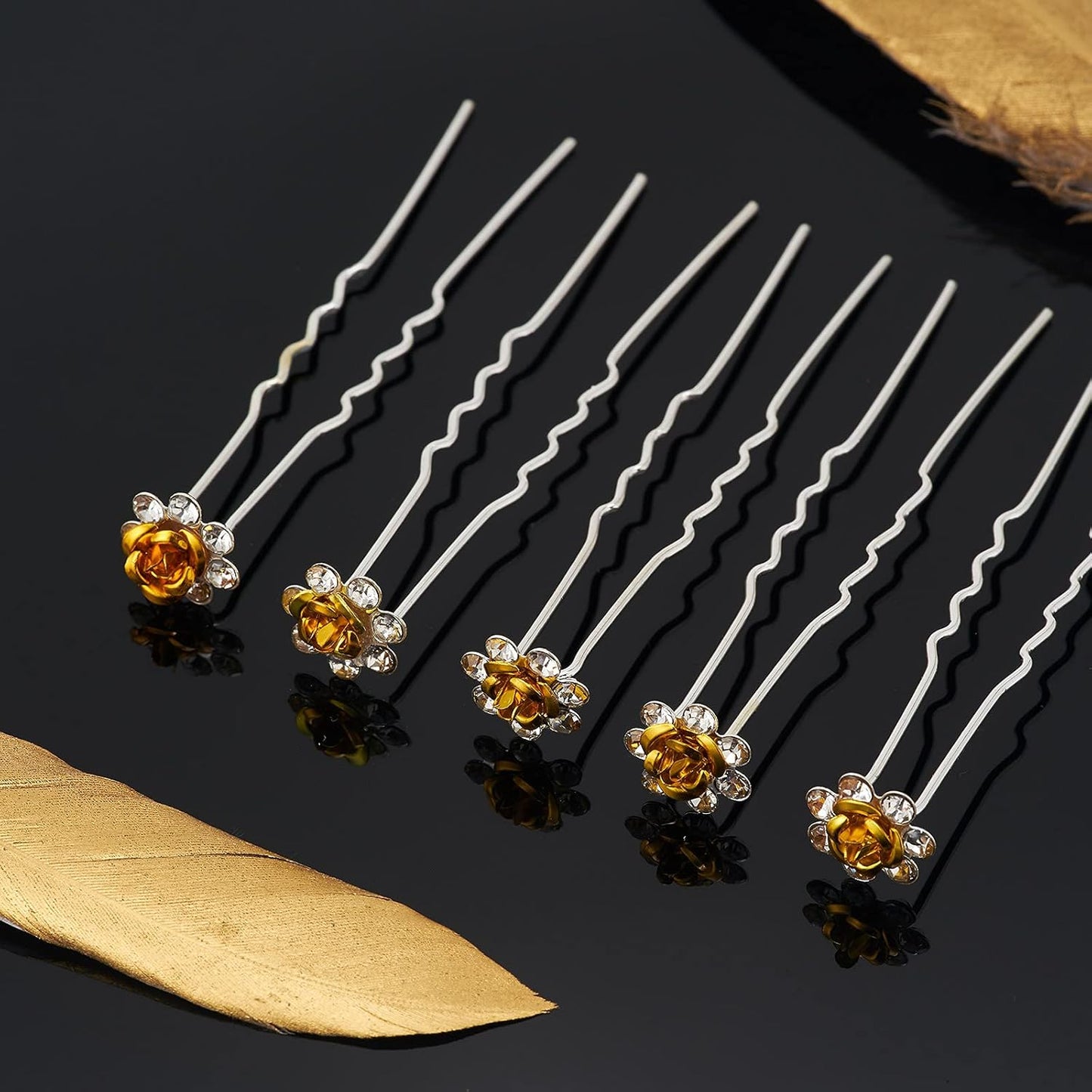 20 Pack (Yellow) Crystal Hair Pins Rose Flower Rhinestone Hair Clips for Bridal Wedding Women Hair Jewelry Accessories, with Clear Container