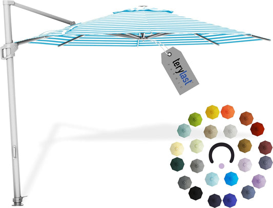 Midtown Umbrellas 10 Ft Outdoor Cantilever Patio Umbrella w/Terylast Cobalt Stripes Fabric - Rotate 360° Offset Patio Umbrella, Deck Patio Umbrella, Backyard Umbrella & Garden Umbrella - Silver Frame