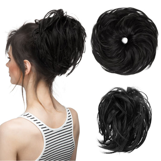 CJL HAIR Large Messy Bun Hair Piece Wavy Curly Scrunchies Synthetic Chignon Ponytail Hair Extensions Thick Updo Hairpieces for Women Off Black