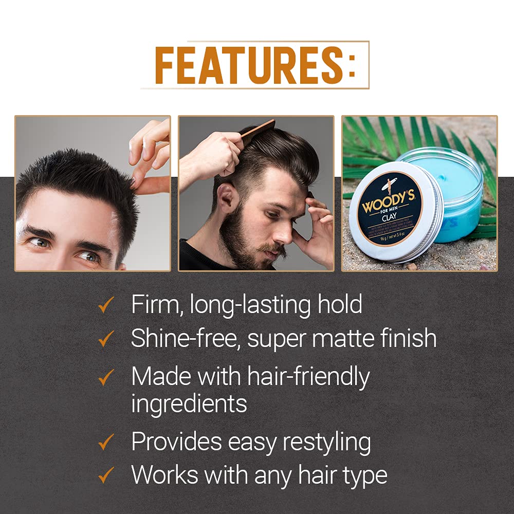 Woody's Premium Hair Clay for Men – Matte Finish, Pomade for Men Stronghold, Texturizing & Sculpting Hair Styling Clay, Flexible Control, 3.4 oz