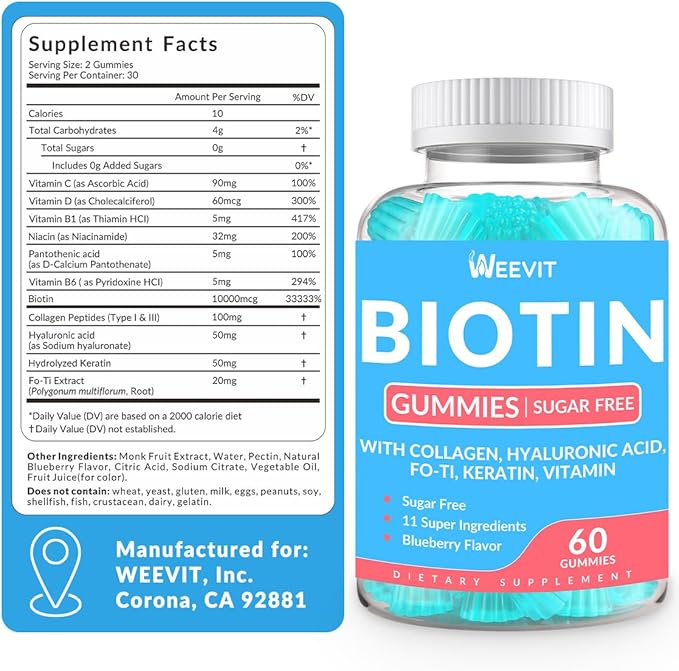 Biotin Gummies, Sugar Free Biotin Vitamins for Women & Men Supports Hair Growth, Nails & Skin, Chewable Biotin and Collagen Supplement | Gluten-Free