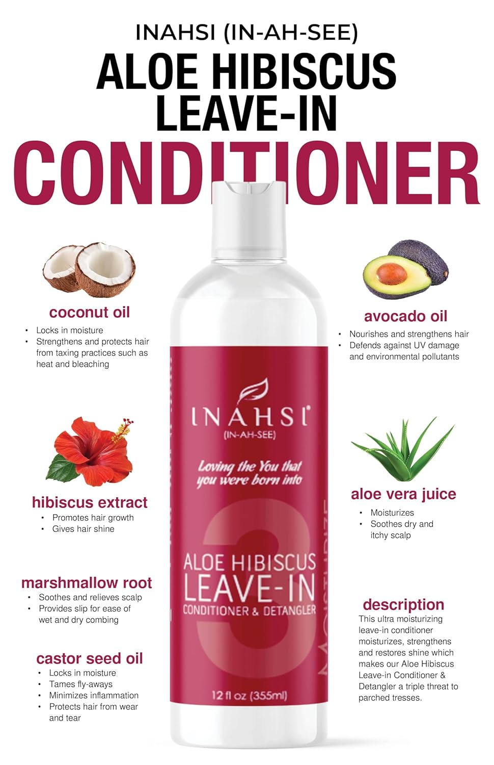 Inahsi Aloe Hibiscus Leave-In Conditioner | Hair Conditioner for Men, Women, or Kids with Curly Hair | Hair Products for Naturally Curly Hair 12 oz | Made in the USA