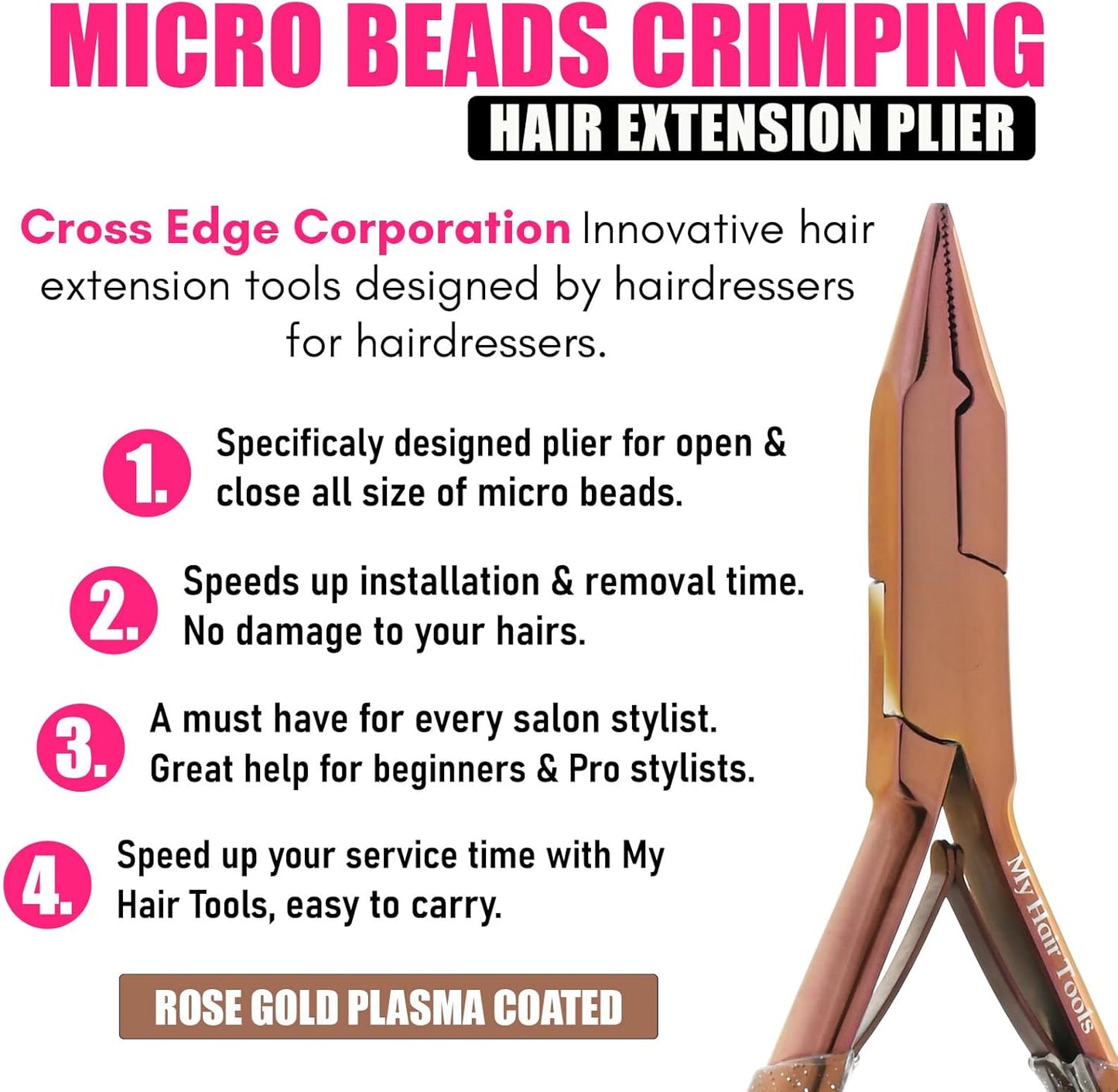 Professional Hair Extension Tools Microlink Bead Remover Plier for Hair Extensions Removal Micro Ring Beads Opener 5.5 Inch Pliers Silver Polish Stainless Steel (Rose Gold Glitter Applicator)