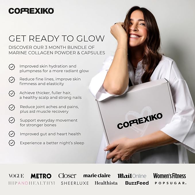 CORREXIKO Marine Collagen Supplement Pills & Powder Bundle 3 Month Supply - Includes 10,000mg Double Hydrolyzed Collagen Powder 1kg & 1800mg Collagen Peptides 360 Capsules - for Hair, Skin & Nails