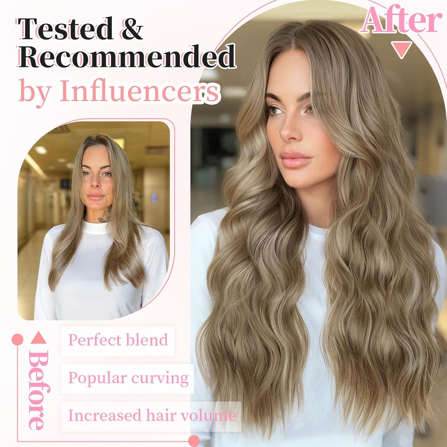 KooKaStyle Hair Extensions Ashy Taupe Blonde Clip in Synthetic Highlight Long Wavy 4PCS Thick Hairpieces for Daily Use 24 Inch for Women