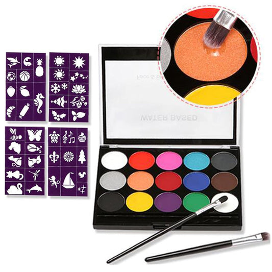 Face Paint Kit for Kids Adults, Professional Black White Paint Face Body Painting, 15 Colors with 2 Paint Brushes 32 Stencils, Hypoallergenic Safe Non-Toxic, Ideal Halloween Party Festivals Costumes