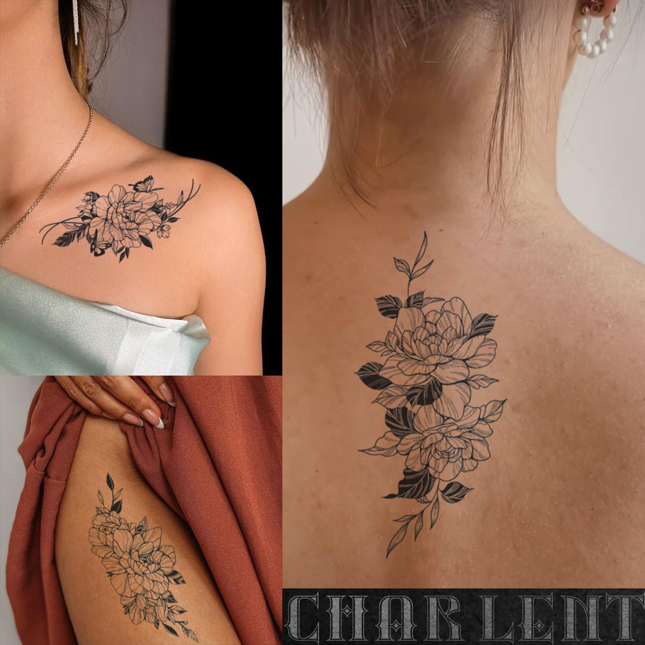 CHARLNET 5 Sheets Flower Semi-Permanent Tattoos for Women - 2 Weeks Long Last Rose Fake Tattoos for Women Arm Body/Fades Naturally/No Reflection/Waterproof/Realistic