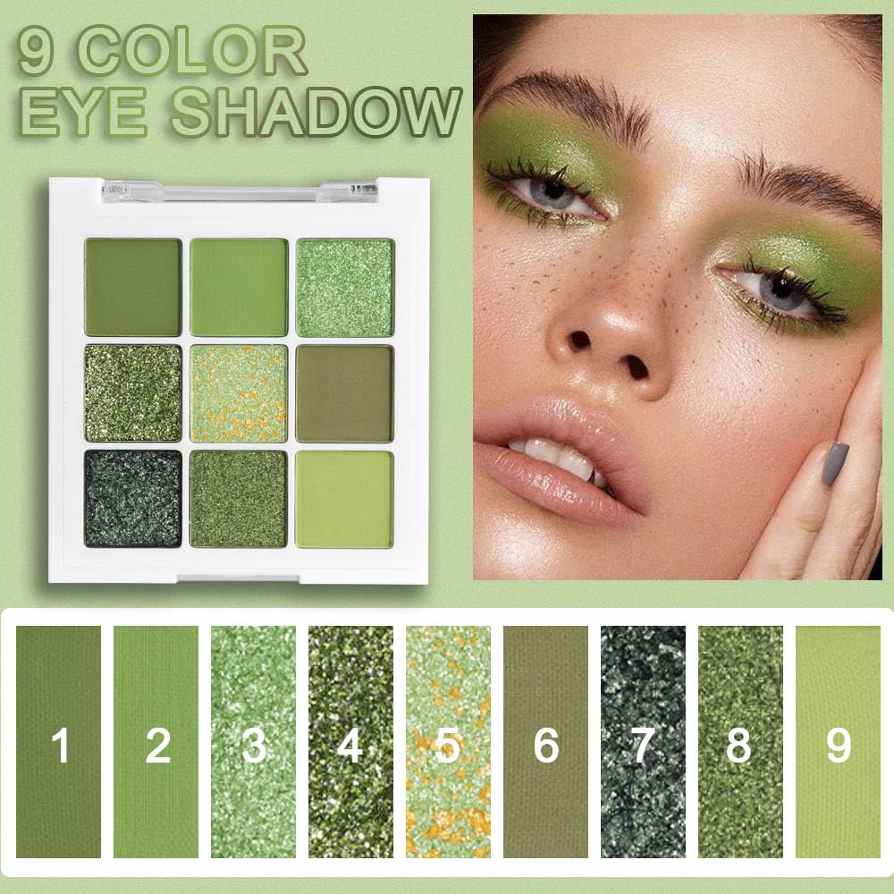 evpct 9 Colors Green Glitter Eyeshadow Palette, Light Dark Emerald Avocado Neon Green Glitter Metallic Shimmer Sparkly Eye Shadow Palette Makeup for Older Women Blue Eyes, Highly Pigmented Eyeshadow
