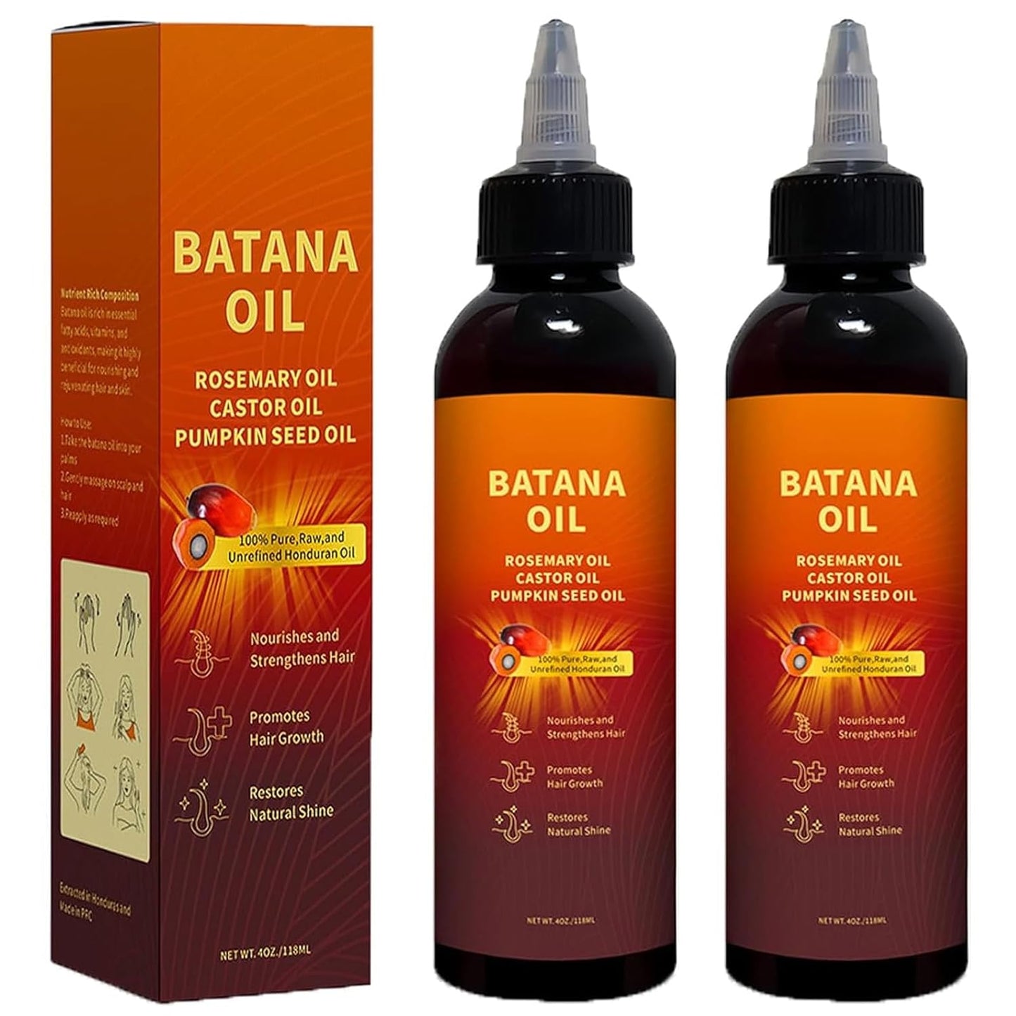Natural Batana Hair Revival Formul, 4-in-1 Liquid Batana Oil, Batana Oil for Hair, Rosemary Oil for Hair, for Men and Women, Prevents Dry Hair & Hair Loss for All Hair Types (2PCS)
