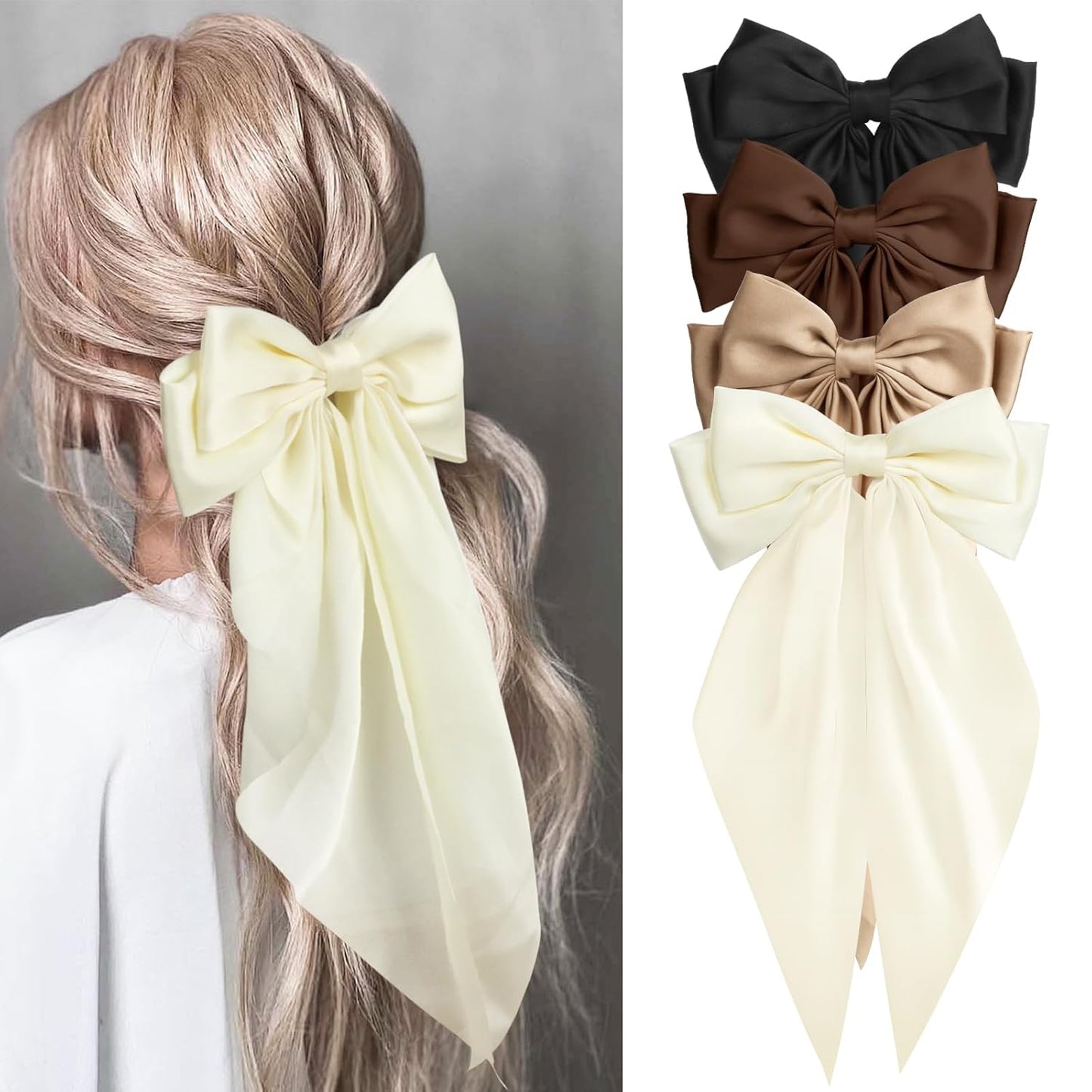 Silky Satin Hair Bows for Women Girls - 4PCS Ribbon Bows for Hair, Big Bow Hair Clips with Long Tail, Barrettes - Cute Hair Accessories Gifts (Black, Brown, Khaki, Beige)