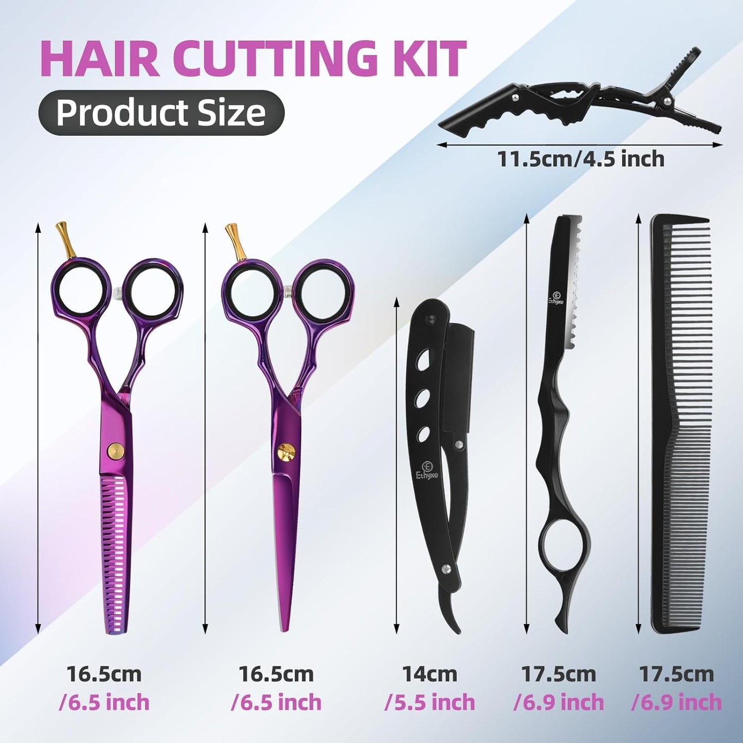 Professional Hair Cutting Scissors - 9 PCS Haircut Scissors Set with 29-Tooth Thinning Shears and Straight Shears for Men Women Home Salon Barber (6.5", Purple)