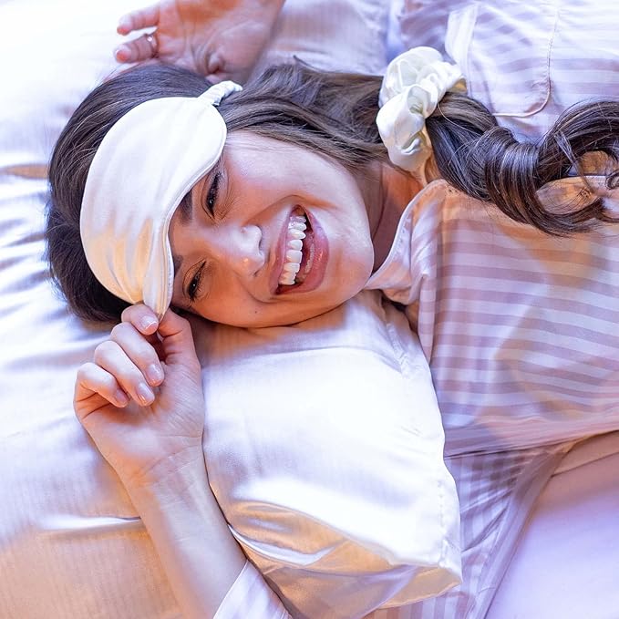 Vegan Silk Sleep Set, Silky Pillowcase with Large Scrunchie and Eye Mask for Hair and Skin, Self Care Essential Satin Night Routine Kit (Cream Color)