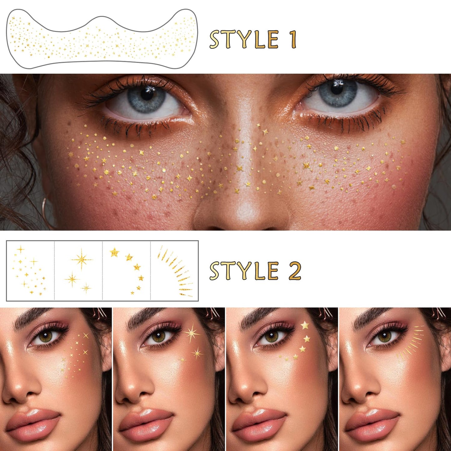 Glitter Freckles Face Tattoo, 20PCS Gold Makeup Patch, Faux Freckles Waterproof Temporary Tattoos Cute Glitter Women and Kids Makeup Accessories For Christmas (Gold)