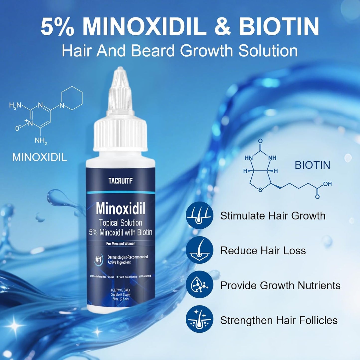 5% Minoxidil with Biotin, Hair Growth Treatment, Minoxidil Hair and Beard Growth Oil, Minoxidil for Men and Women, Supports Thicker and Fuller Hair & Beard (4 fl oz, 2 Month Supply)