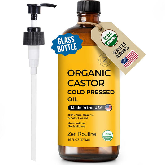 Zen Routine Organic Castor Oil (16oz Glass Bottle) Hexane Free – Hair Growth Oil, Eye Lashes & Stomach, 100% Cold Pressed Unrefined Pure for Castor Pack Wrap – USDA Certified, Made in the USA