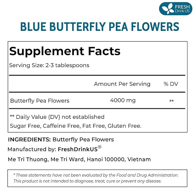 FreshDrinkUS, Premium 1010+ Butterfly Pea Flowers, 100% Natural & Pure from Whole Blue Butterfly Pea Flowers, Wildcrafted, Dried Blue Butterfly Pea Flowers Herbal Tea, No Gluten, Vegan