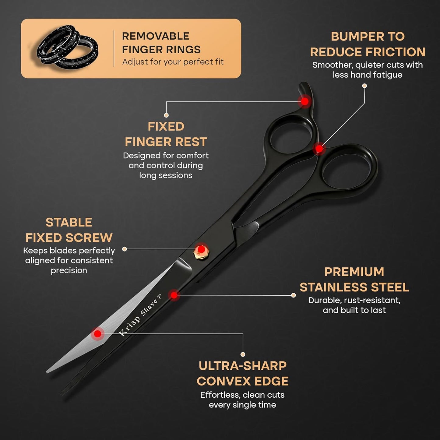 Professional Hair Cutting Scissors - Krisp Shave Japanese Stainless Steel Salon Barber Scissor (7 Inch) - Shears for Men's Beard Mustache Women Kids Pets Haircut All Purpose Shear, KSP-786